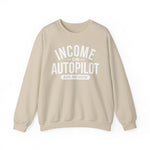 Sand unisex graphic sweatshirt with “Income on Autopilot – Ask Me How” text, designed to spark conversation about building income online, on a white background 