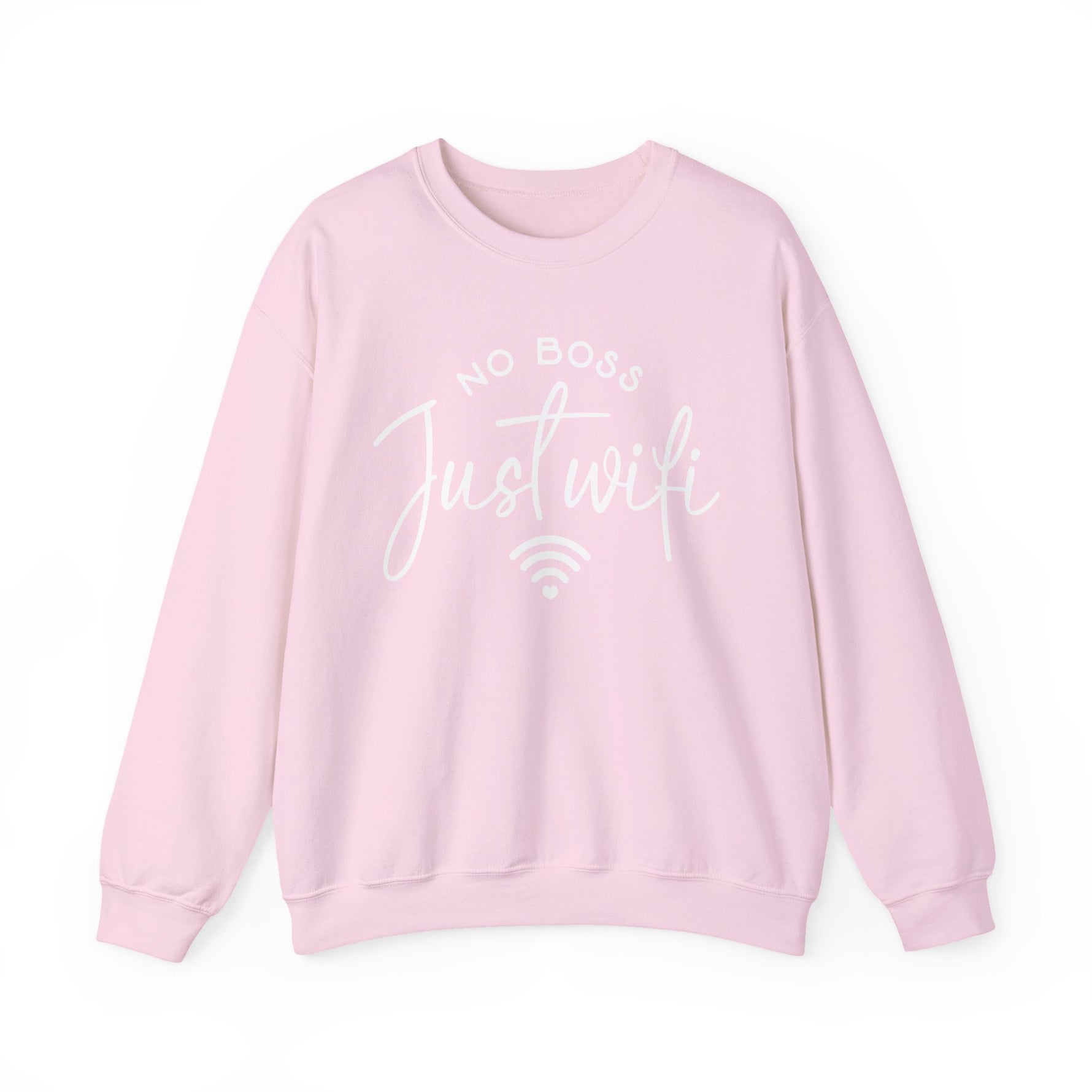Pink unisex graphic sweatshirt with “No Boss Just WiFi text, representing a digital freedom lifestyle, on a white background 
