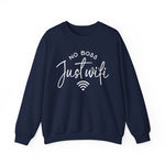 Navy unisex graphic sweatshirt with “No Boss Just WiFi” text, representing a digital freedom lifestyle, on a white background 