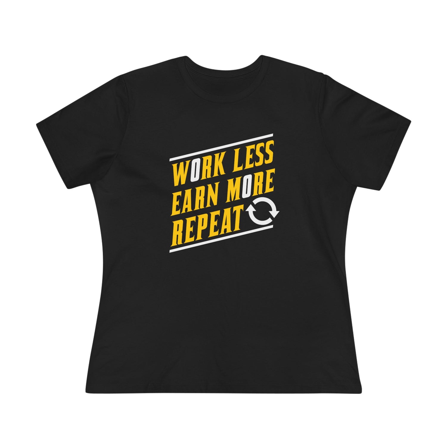 Black women's relaxed graphic t-shirt with yellow and white “work less earn more repeat” text, designed to spark conversation, on a white background 