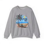 Sport Grey unisex graphic sweatshirt with “Freedom Vibes” text, representing a relaxed freedom lifestyle, on a white background 