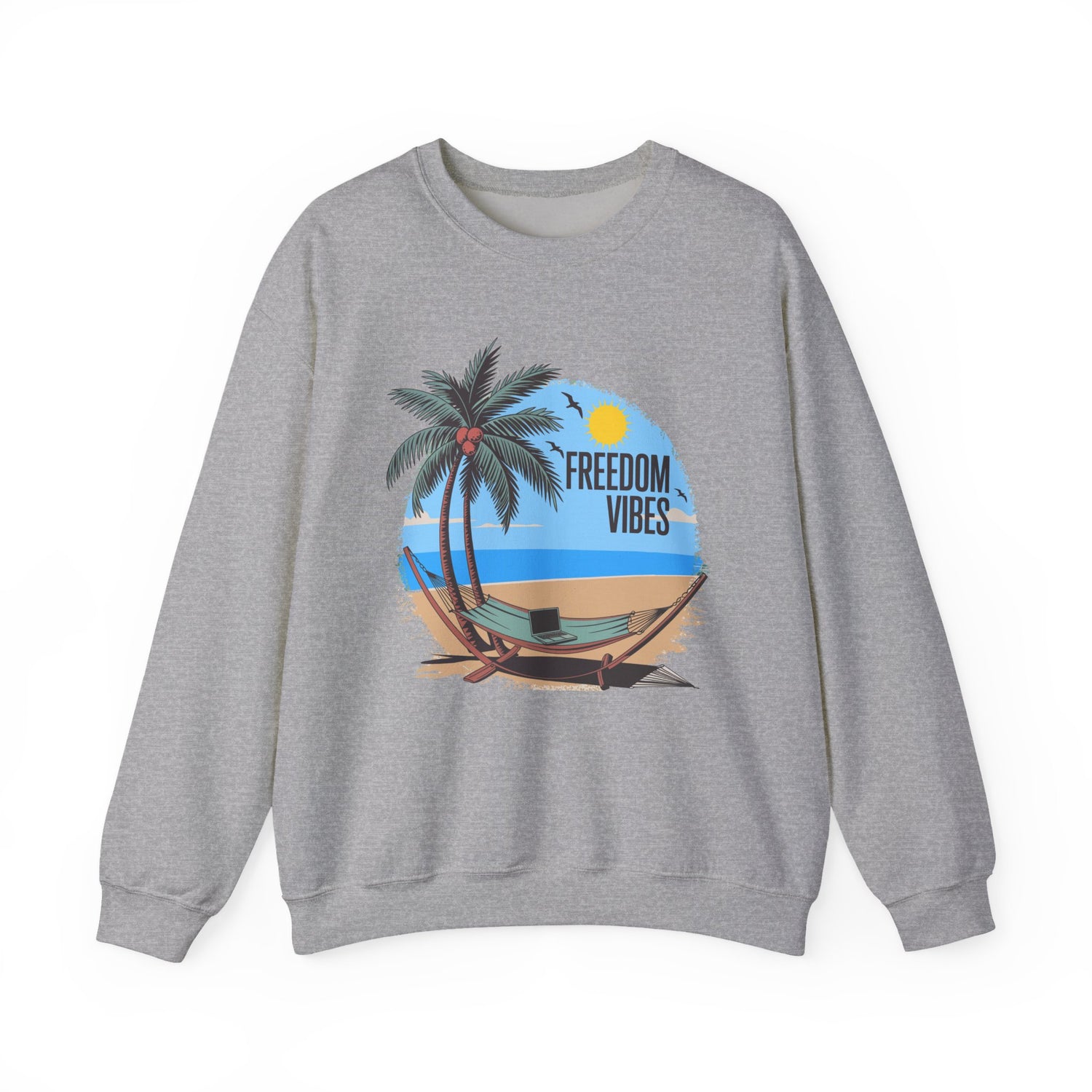 Sport Grey unisex graphic sweatshirt with “Freedom Vibes” text, representing a relaxed freedom lifestyle, on a white background 