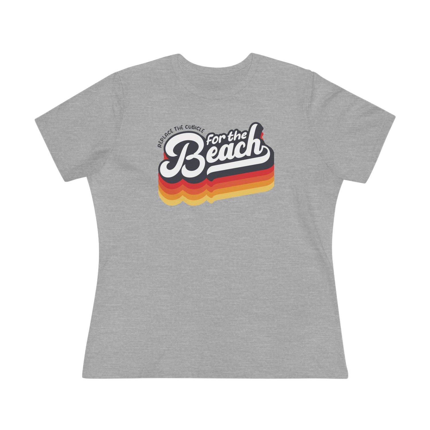 Athletic Heather women's relaxed graphic t-shirt with “Replace the Cubicle for the Beach” text, representing a freedom-first lifestyle, on a white background 