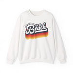 White unisex graphic sweatshirt with “Replace the Cubicle for the Beach” text, representing a freedom-first lifestyle, on a white background 