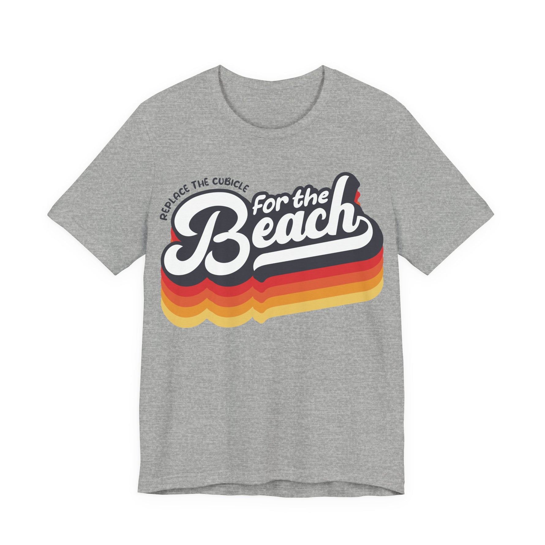 Athletic Heather unisex graphic t-shirt with “Replace the Cubicle for the Beach” text, representing a freedom-first lifestyle, on a white background 
