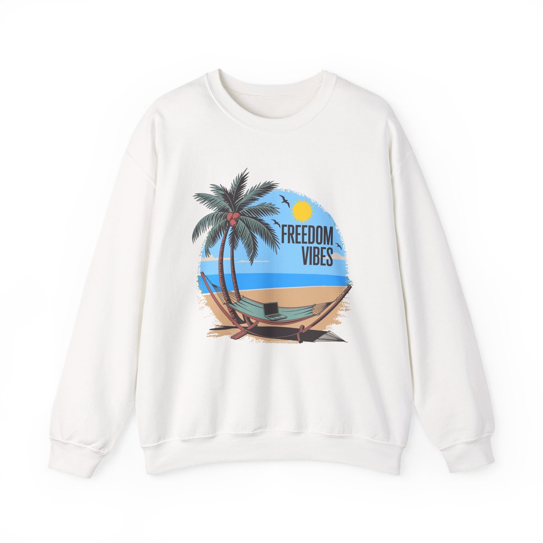 White unisex graphic sweatshirt with “Freedom Vibes” text, representing a relaxed freedom lifestyle, on a white background 