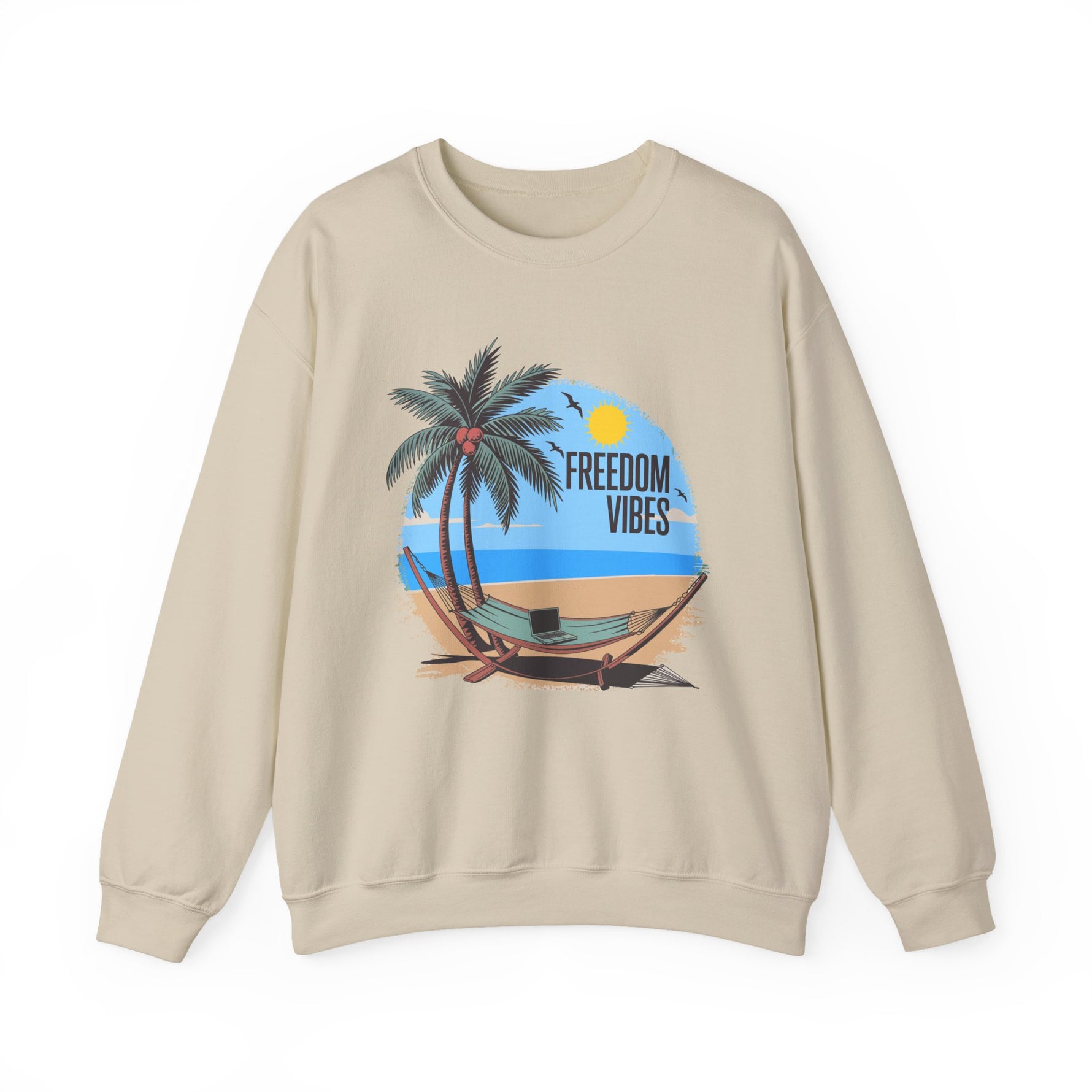 Sand unisex graphic sweatshirt with “Freedom Vibes” text, representing a relaxed freedom lifestyle, on a white background 