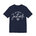 Navy unisex graphic t-shirt with “No Boss Just WiFi” text, representing a digital freedom lifestyle, on a white background 