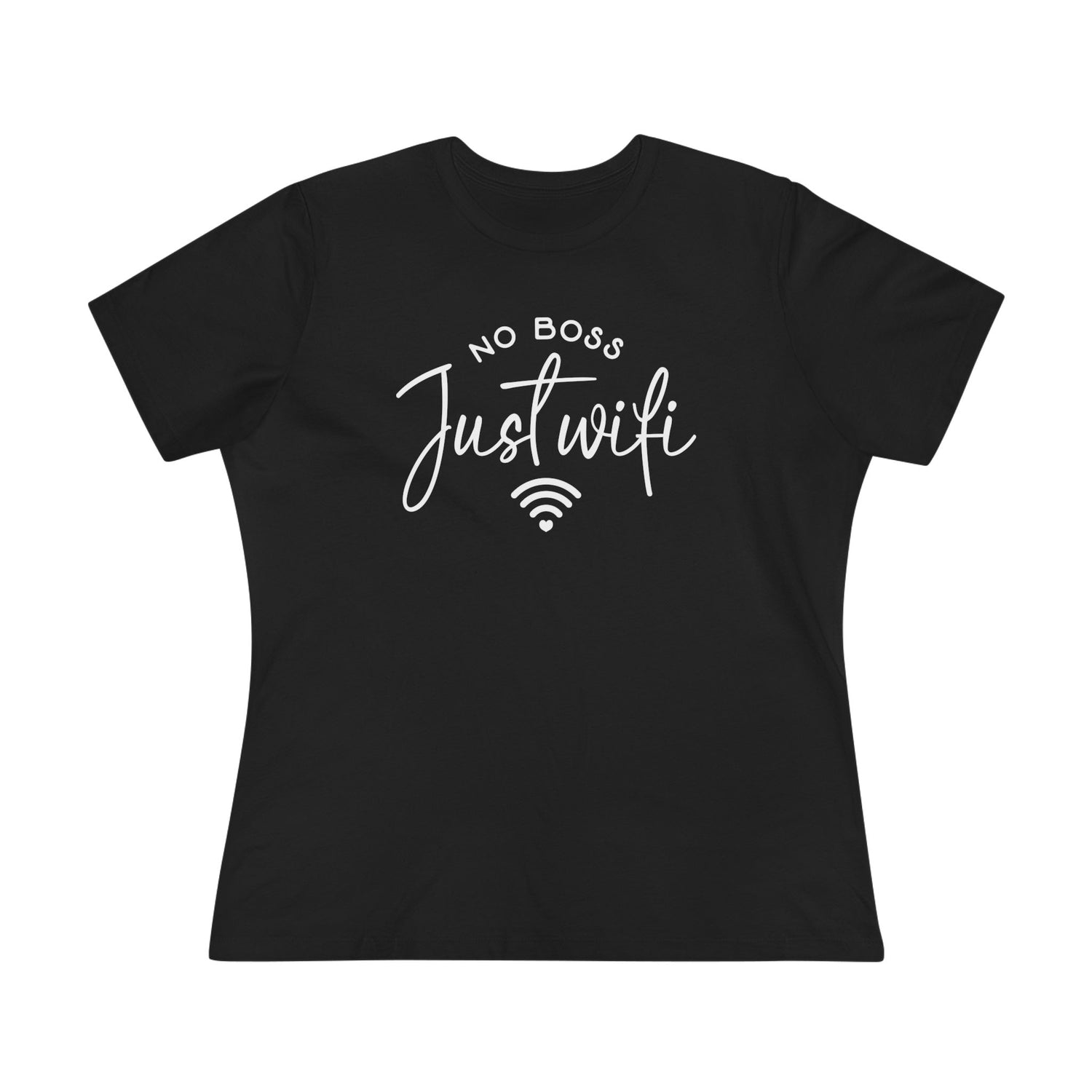 Black women's relaxed graphic t-shirt with “No Boss Just WiFi” text, representing a digital freedom lifestyle, on a white background 