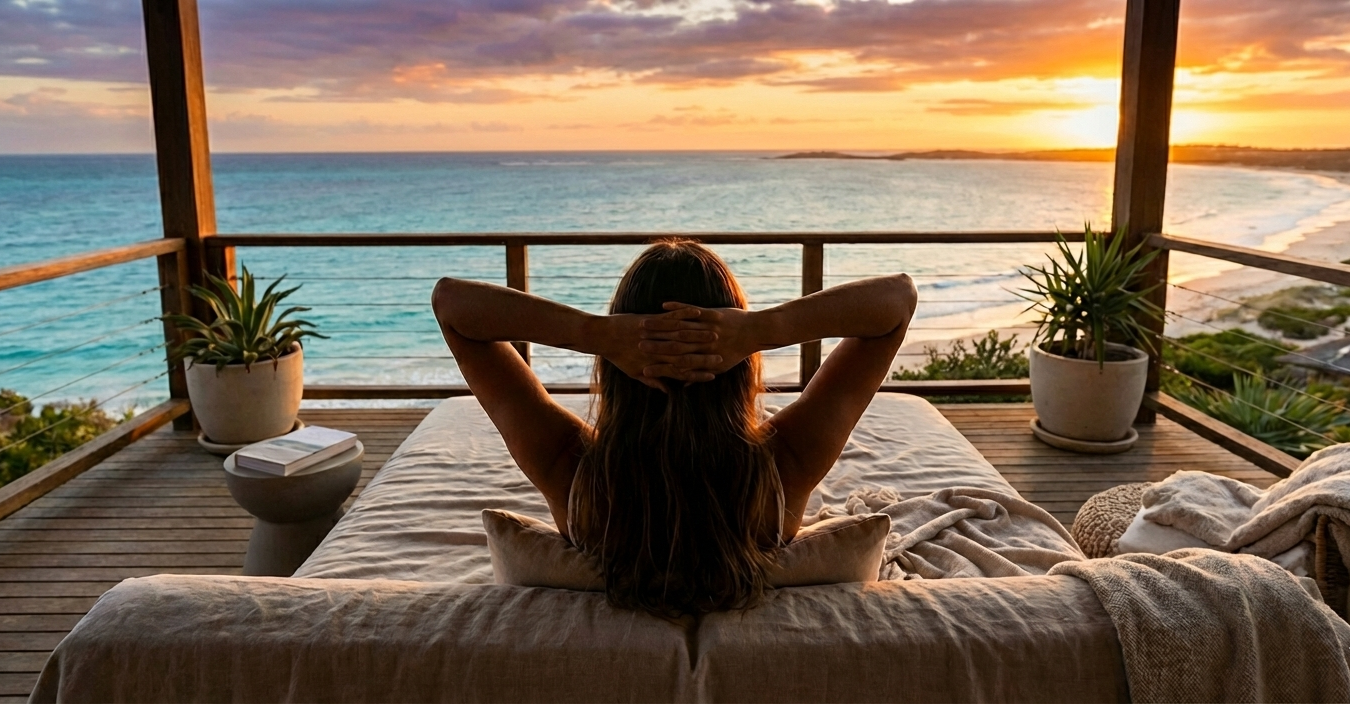 Woman sitting on a couch overlooking the ocean at sunset